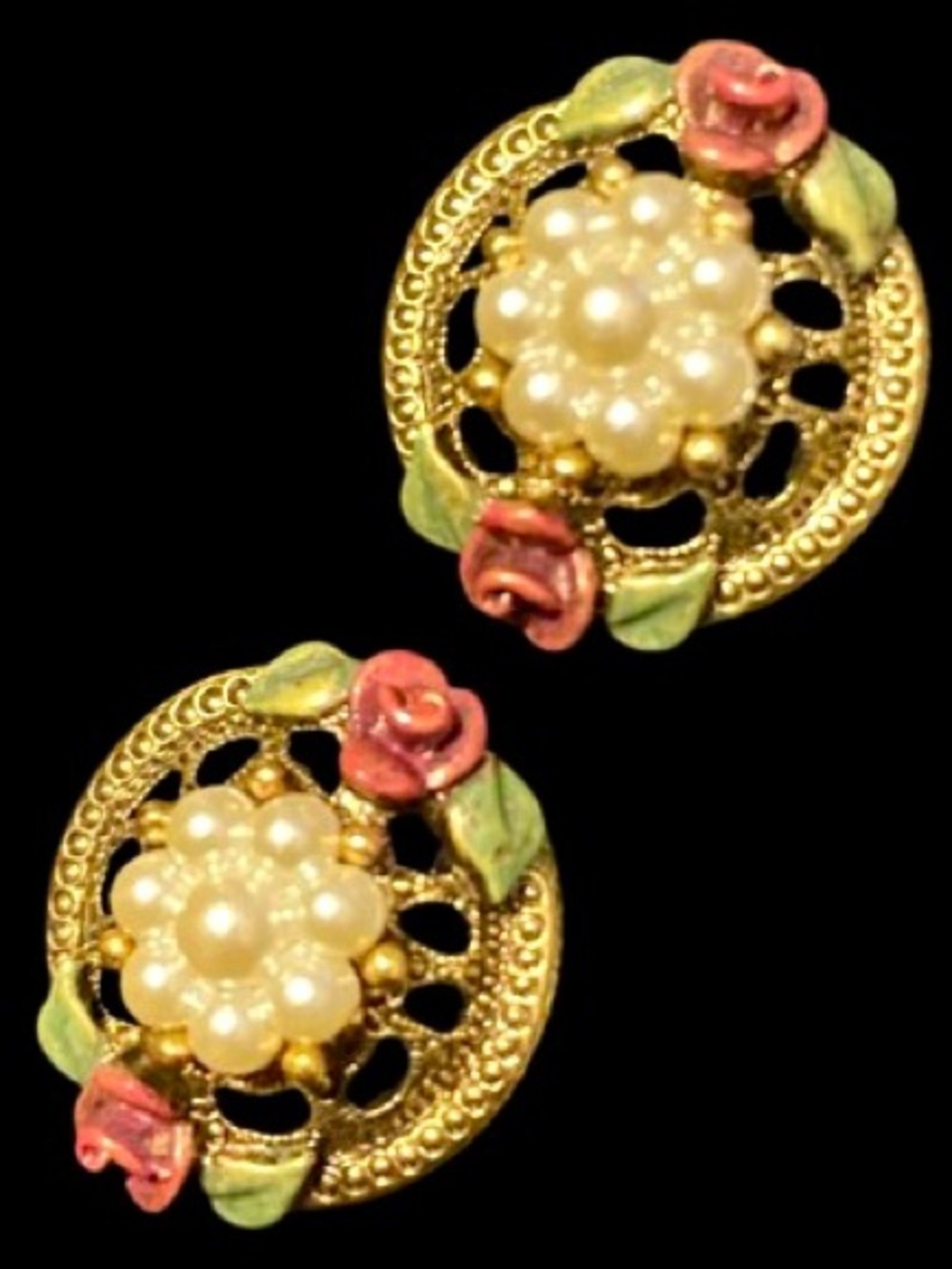 Vintage Style Gold Metal Floral Pearl Enamel Pierced Earrings 128 Jewelry Co.